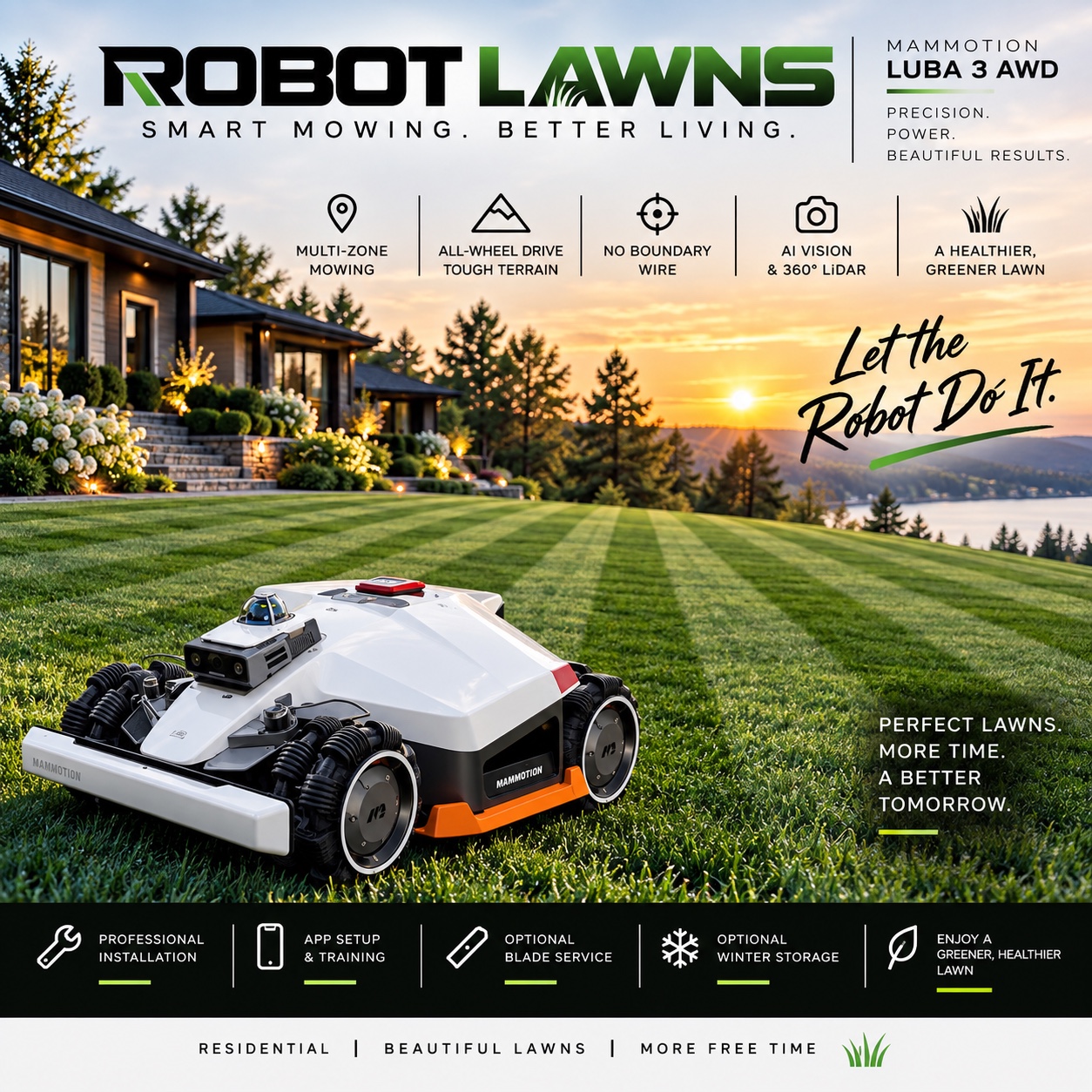 Mammotion LUBA 3 robotic mower on a striped lawn